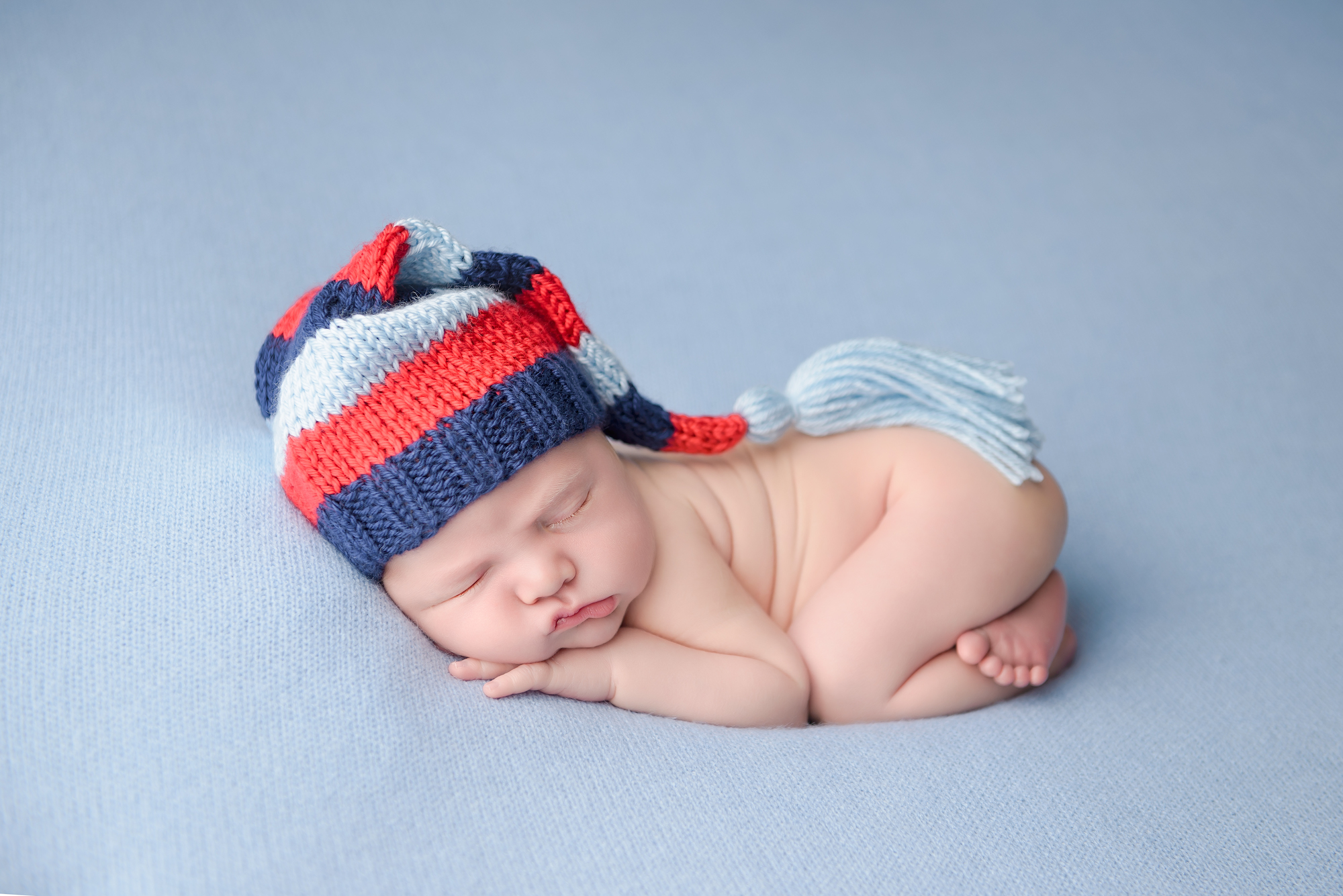 Newborn Photographer Baby Boy Blue Red Hat