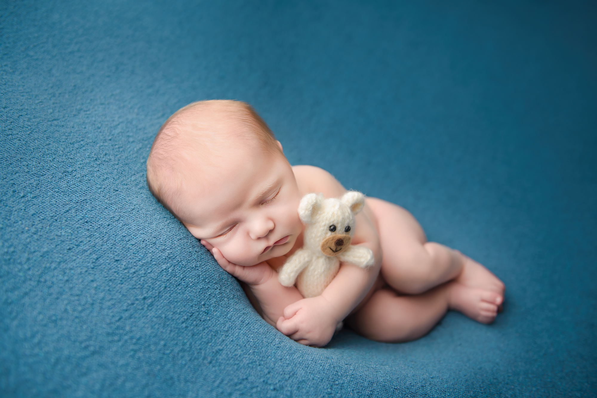 Newborn Photographer Calgary Baby Boy Blue Backdrop Holding Teddy Bear
