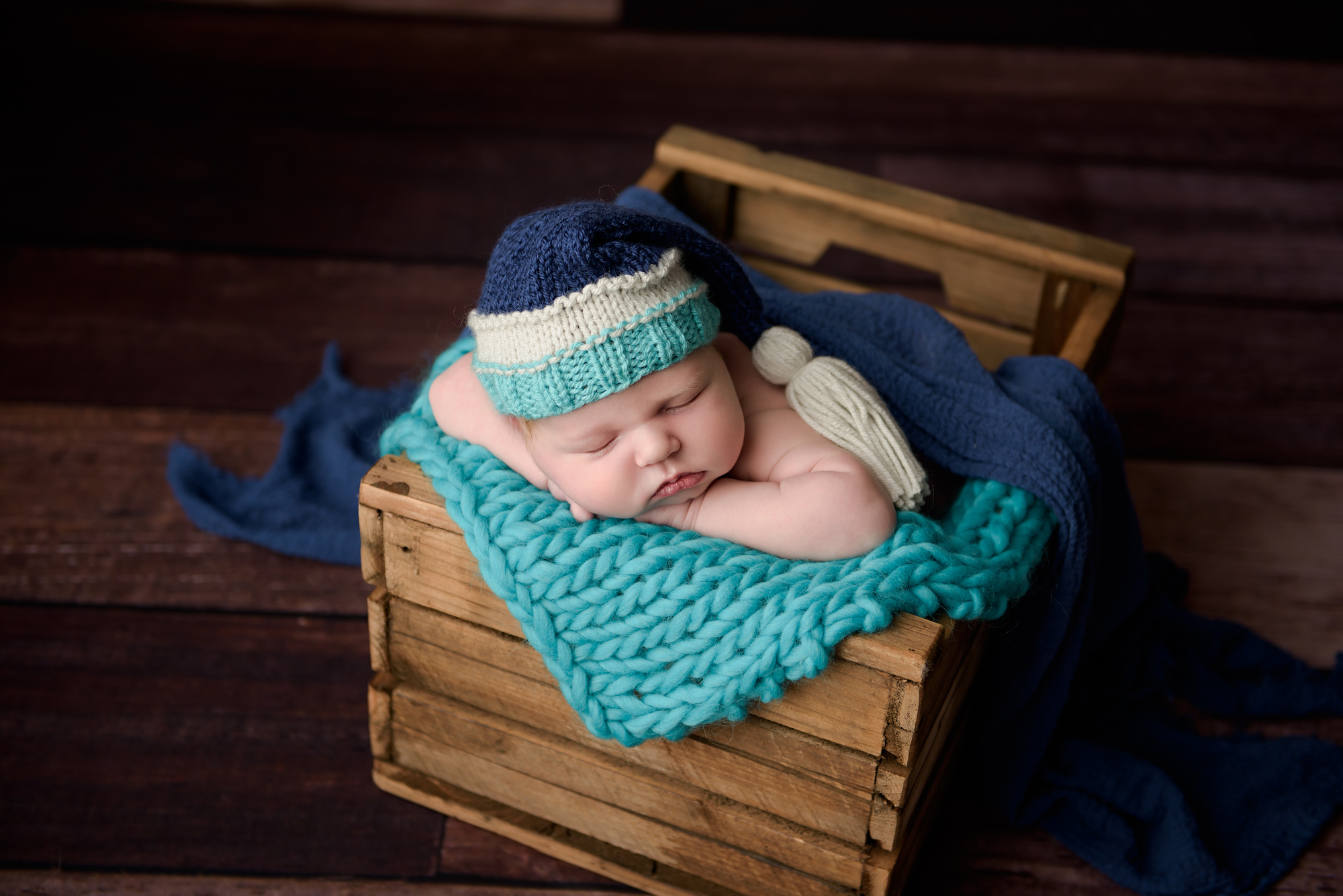Calgary Newborn Photographer Blue Hat Wooden Basket