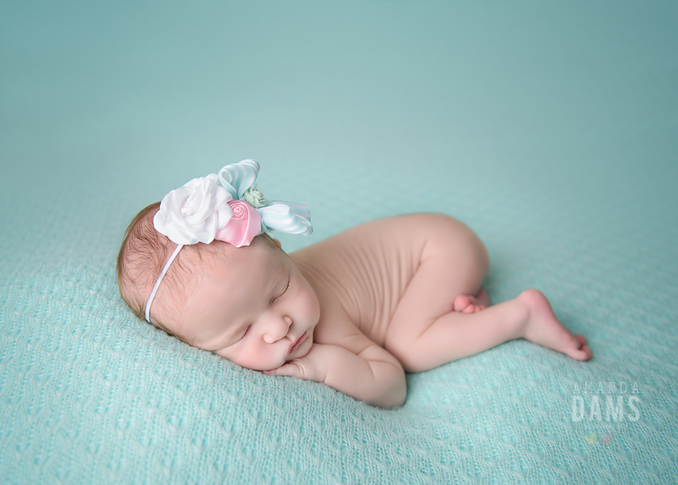 Newborn Baby Photography Calgary Naked Baby Sleeping Mint Background