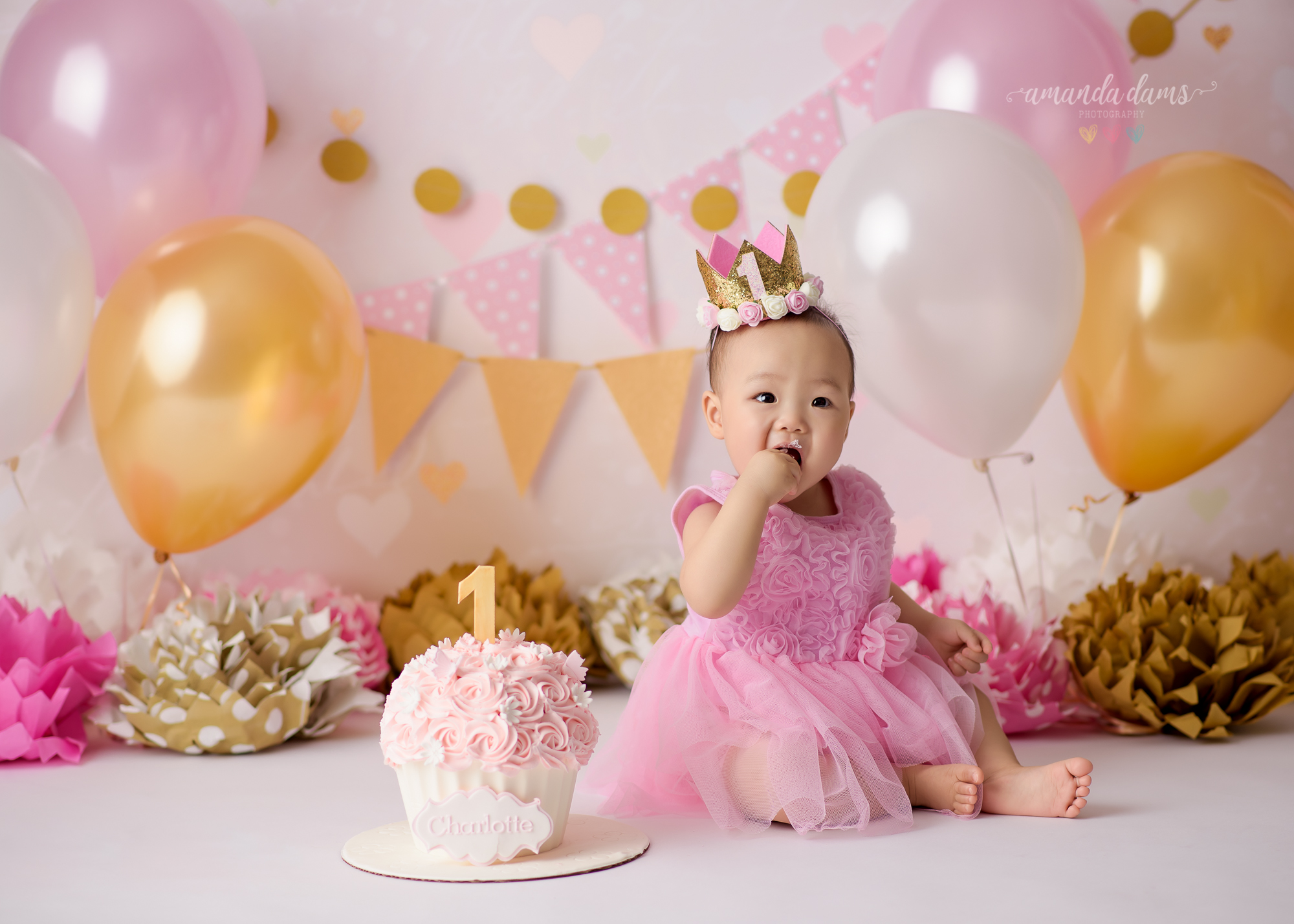 Amanda Dams Photography Pink And Gold Cake Smash Charlotte Eating Cake