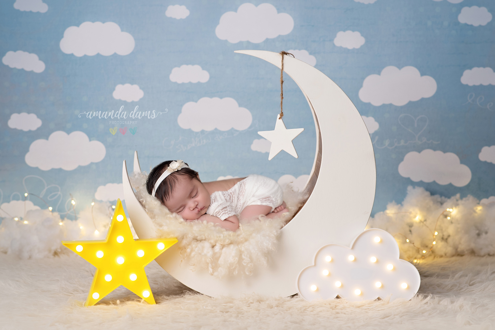 Newborn Photography Calgary Amanda Dams Photography Baby Amara Sleeping On Wooden Moon Prop