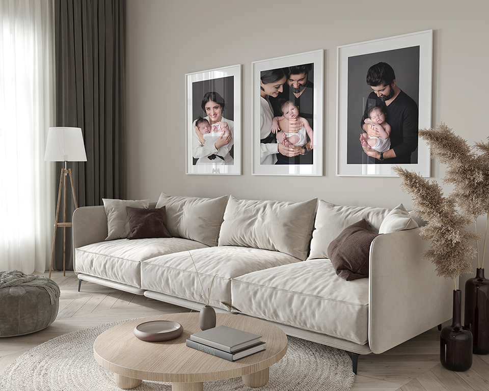 newborn photography by amanda dams on three wall art display in a living room