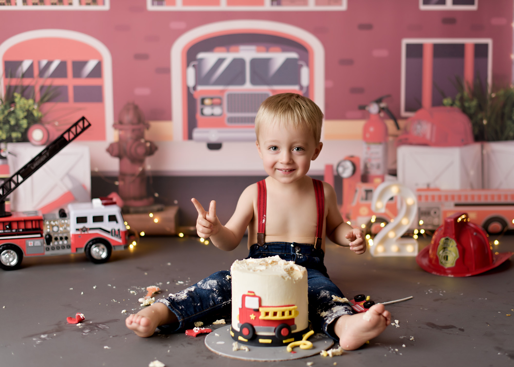 cake smash photography lucas 2 years old firetruck theme