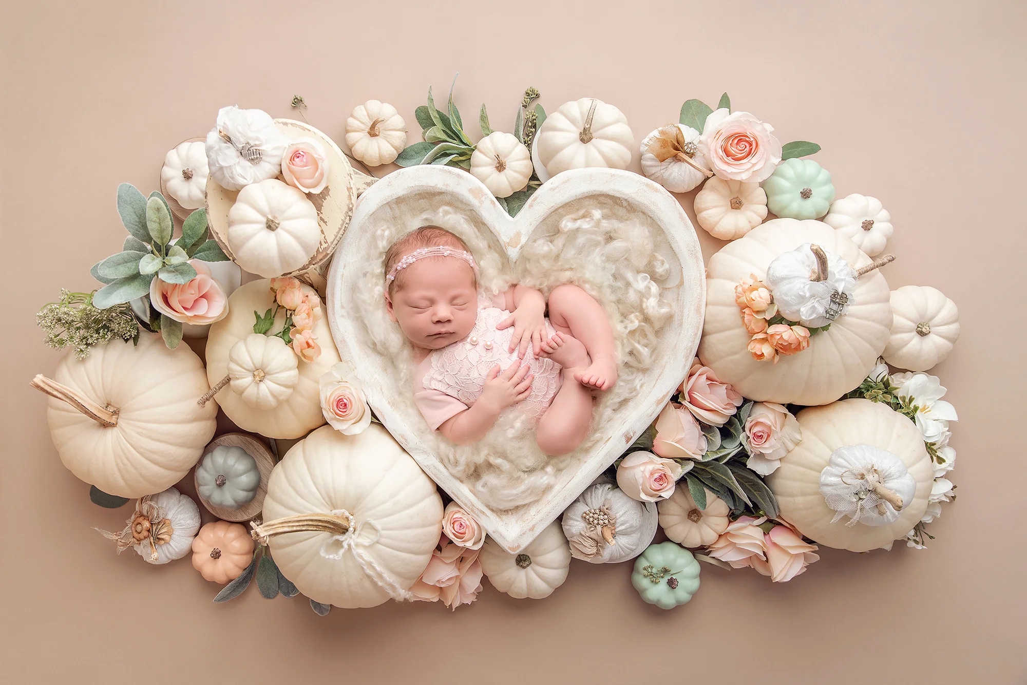 newborn photography baby sleeping in heart shaped bowl with pumpkins around