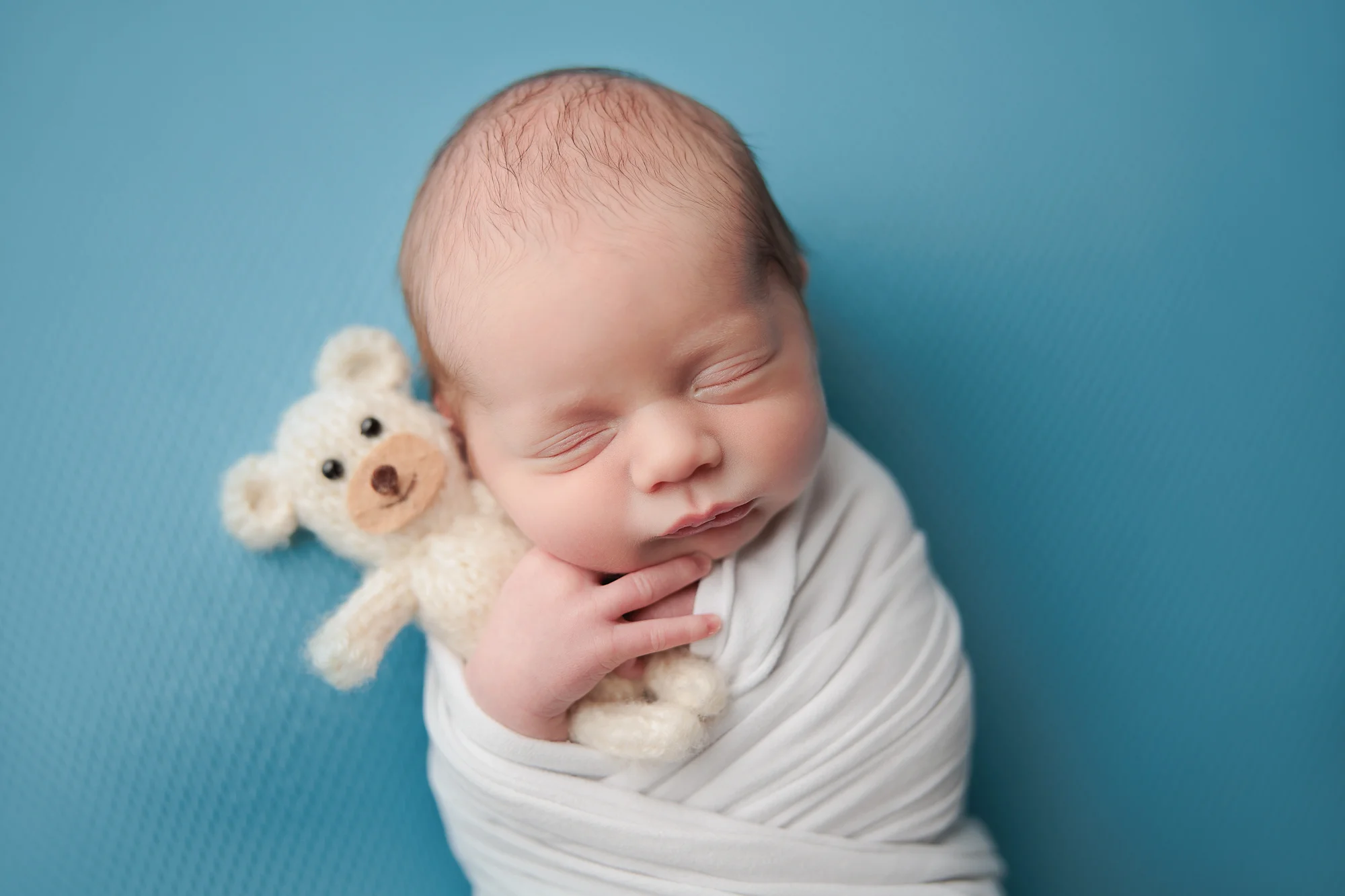 Amanda Dams Newborn Photography Boy Holding Teddy Bear In Blue Backdrop