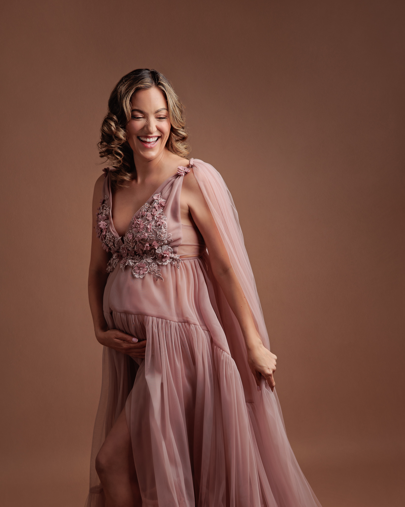 Maternity Photography Calgary Amanda Dams Pink Gown On Mocha Backdrop