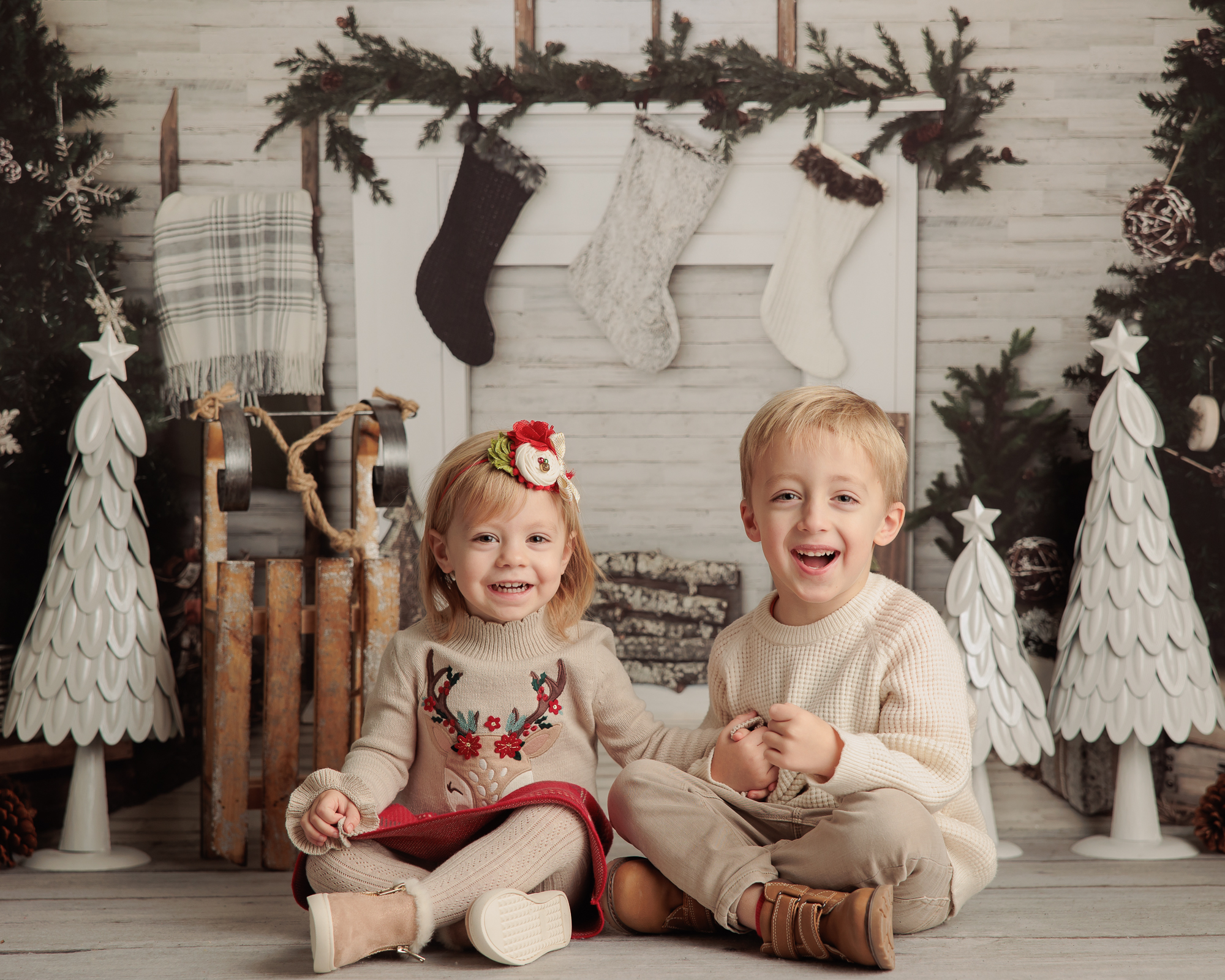 Siblings Laughing for  Christmas Photo Session