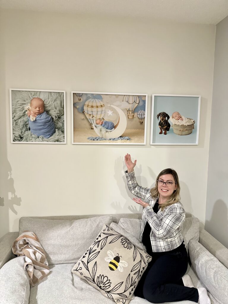 Amanda Dams showing three wall arts of a newborn session in Calgary